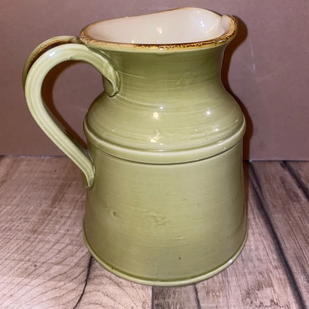 Made in Italy For Crate & Barrel Milk Jug Pitcher Green Yellow Glazed 32 Oz 6.5”